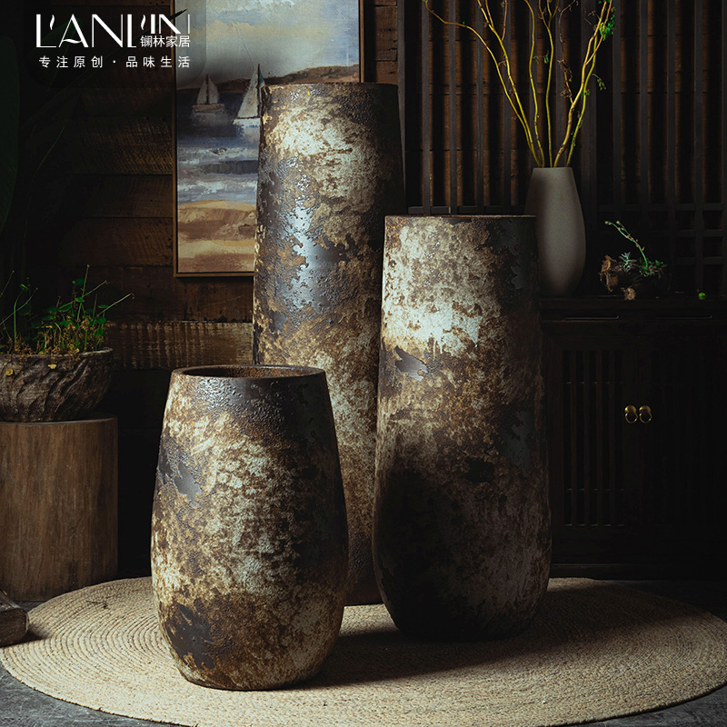 Retro art coarse ceramic large number vase insert drying flower simulation flower living-room decoration pendulum with nostalgic landing big pottery jar