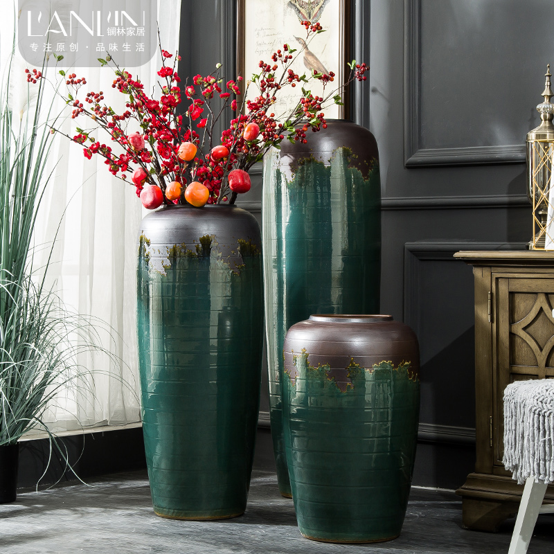 Ceramic vase living room flower arrangement pendulum pieces modern minimalist retro dry flower European-style floor large flower pot Jingdezhen porcelain