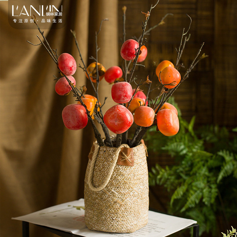 Simulation fruit tree branches persimmon living room green plant potted Chinese home decoration ornaments flower arrangement Dried flowers fake flower bouquet