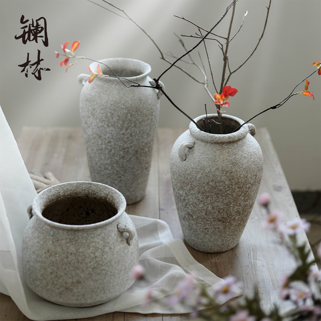 Retro Pottery Jar Living-room Insert Dry Flower Vase Coarse Pottery Floral multimeat green plant Planted Basin Famous Hotel Decoration Swing