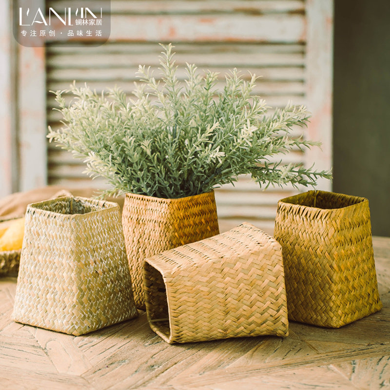 American pastoral hand-woven straw weaving non-rattan woven willow weaving small vase tabletop flower arrangement flower basket dried flowers succulent pot