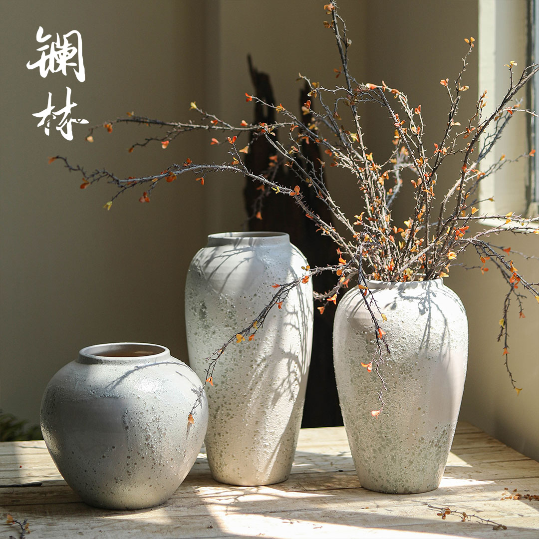 Coarse Pottery White Retro Vase Living Room Insert Drying Flower Porcelain Bottle Days Style of Silent Wind Decoration Floral Zen ceramic Pendulum Decoration