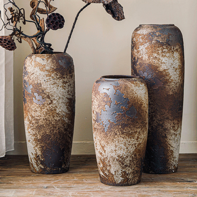 Floor-to-ceiling large vase ceramic ornament Chinese vintage clay pot living room hotel decoration flower arrangement dried flower coarse ceramic bottle