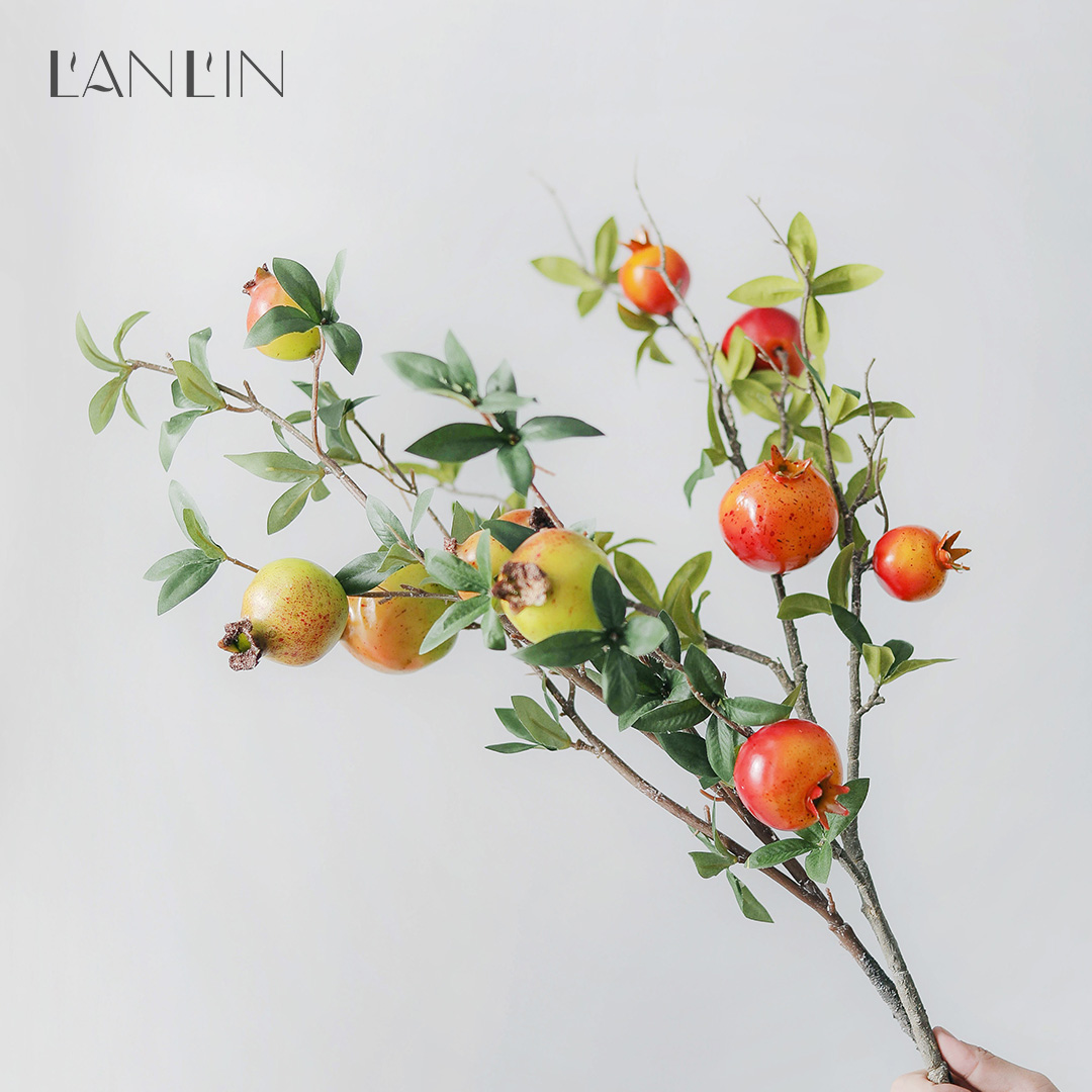 Simulation flower decoration pomegranate branch retro modern living room floor-to-ceiling flower arrangement fruit flower branch green plant dry flower decoration