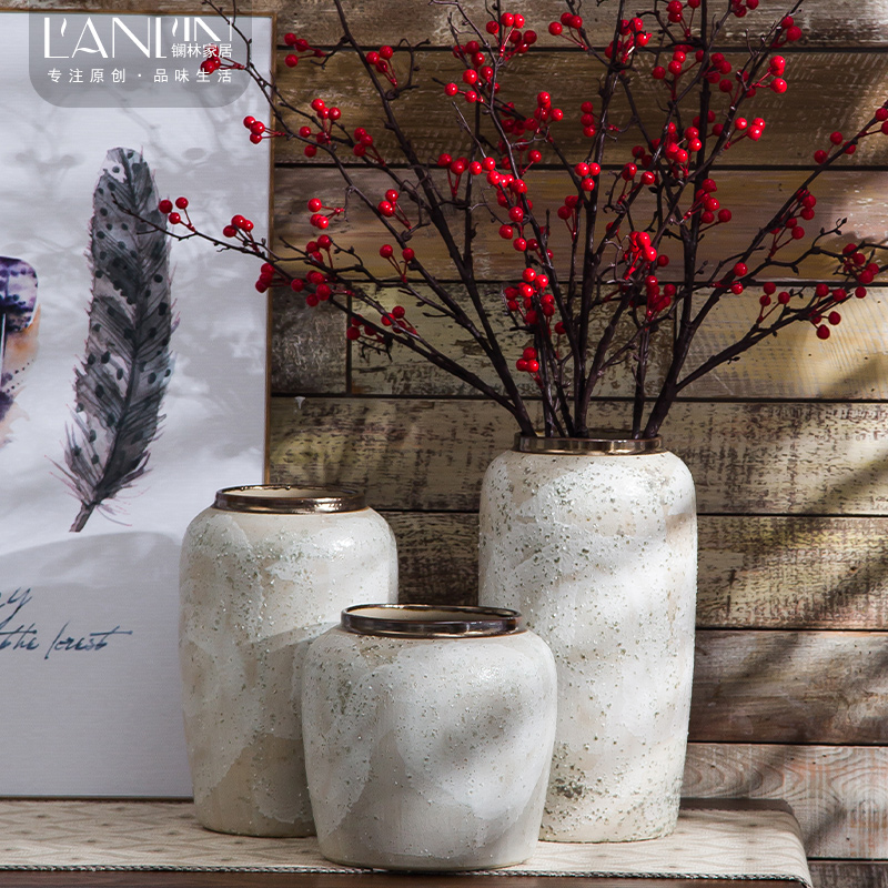 Modern minimal dry flower ceramic vase fitting retro small fresh hand-made white crude pottery flower