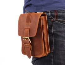 Leather retro mobile phone small waist bag male cigarette bag multi-function first layer cowhide wear Belt locomotive Crazy Horse Leather Waist hanging bag