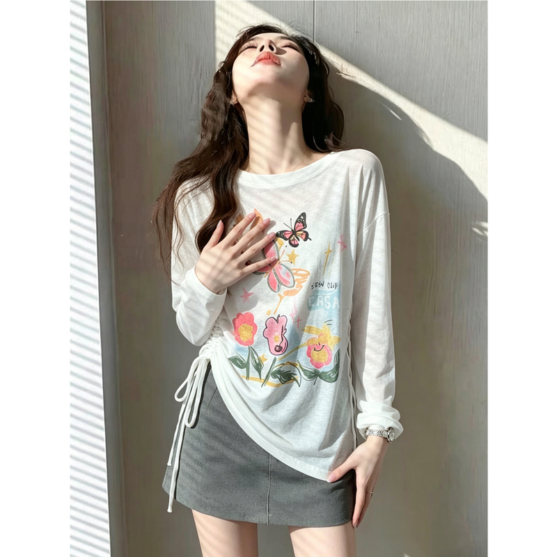 Long-Sleeved Women's T-Shirt with Butterfly Print, Patchwork, Drawstring Hem, Spring and Summer, Plus Size, Loose, Slimming, Fashionable Top