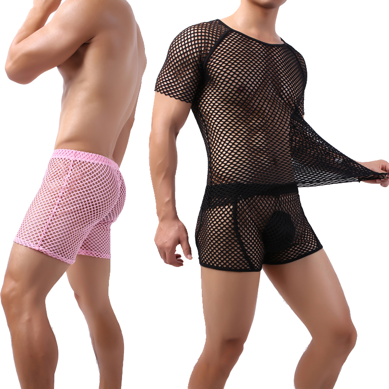Transparent Mesh Shorts, Mid-Length Shorts, Boxer Shorts, Tank Top, Men's T-Shirt, Sexy Fishnet Hollow-Out Sleepwear, Pajama Set for Men