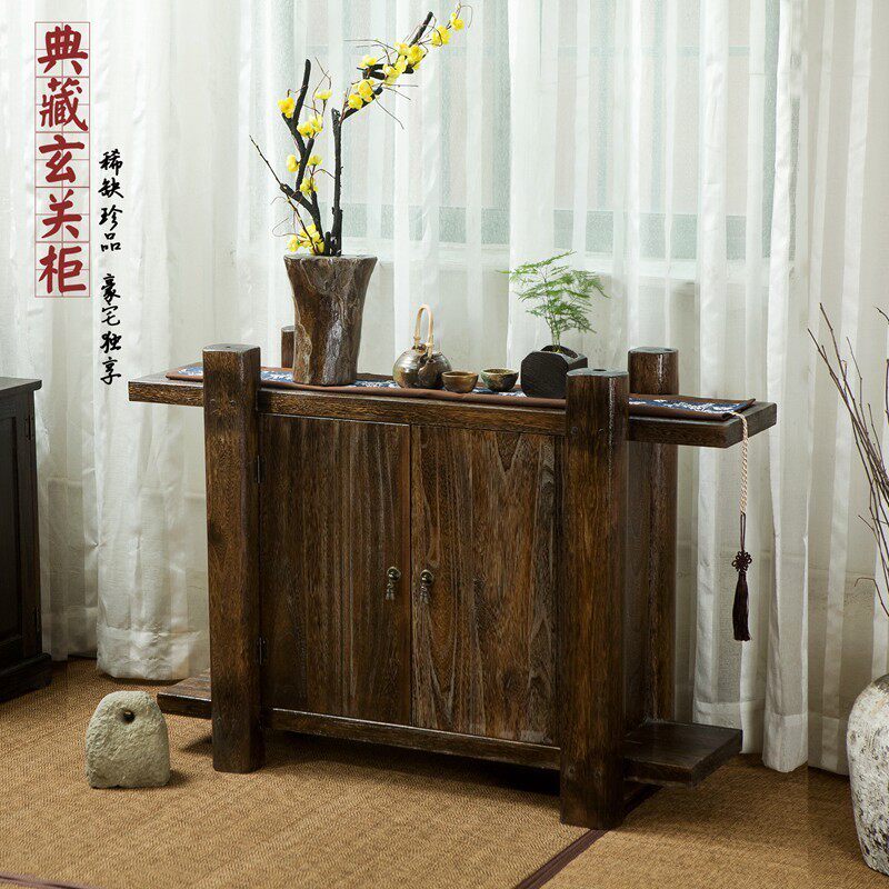 New Chinese-style solid wood entryway cabinet double door storage cabinet storage cabinet living room cubicle dining cabinet tea cabinet burnt paulownia wood