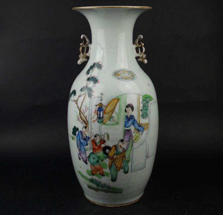 10213 Qing Dynasty Republic of China Antique Old Goods Bag Real Bag Old Appraisal 150 Characters Color Painted Double Ear Bottle