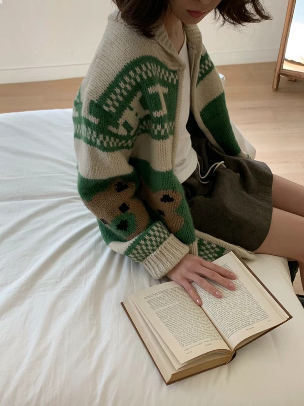 Suhoo Korea Dongdaemun Asome Retro Bear Jacquard Lapel Fair Isle Knit Cardigan Sweater Jacket