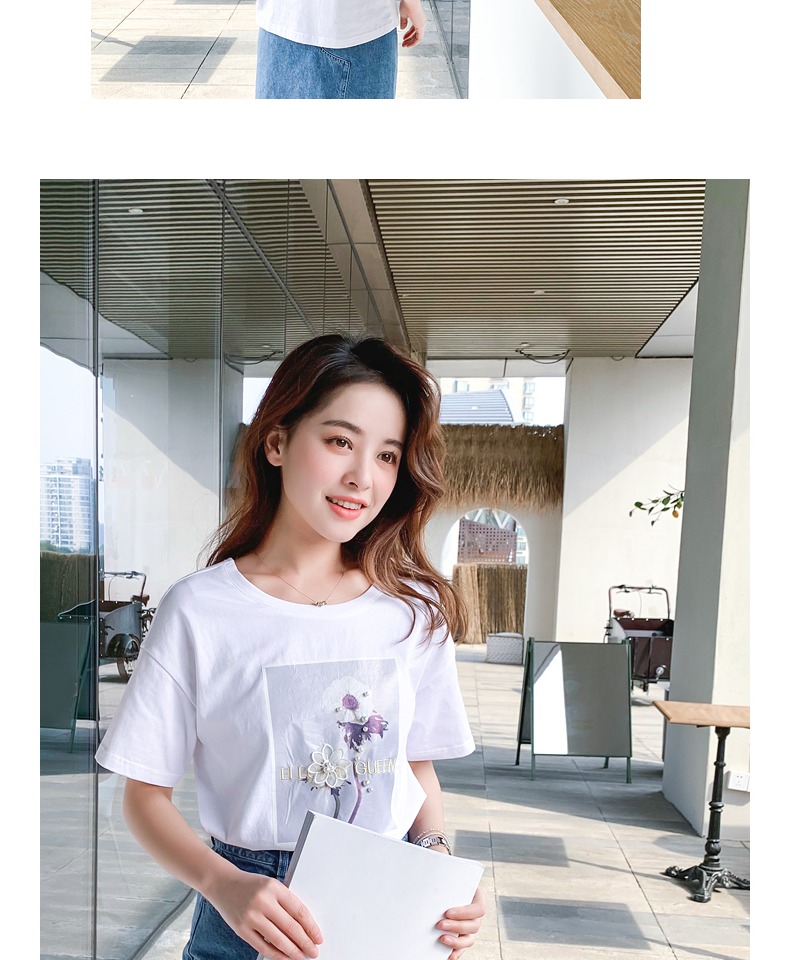 Áo thun cổ tròn cotton cotton nữ 2019 mới handmade đính cườm thêu ba chiều hot map in ngắn tay hương vị Hồng Kông - Áo phông áo thun nữ đẹp