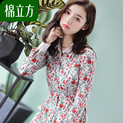 chic碎花连衣裙棉立方2018秋季新款女装收腰显