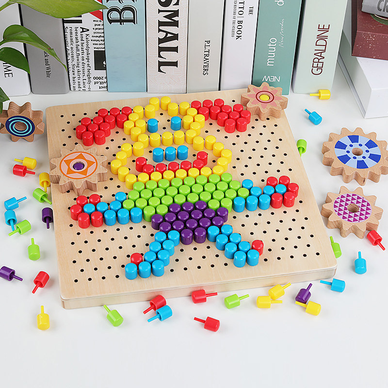 Wood Parquet DIY Pixel Jigsaw Puzzle Toy Puzzle Early Taught Mushroom Nails Inserts Pearl Creative Building Blocks Man Girl Presents