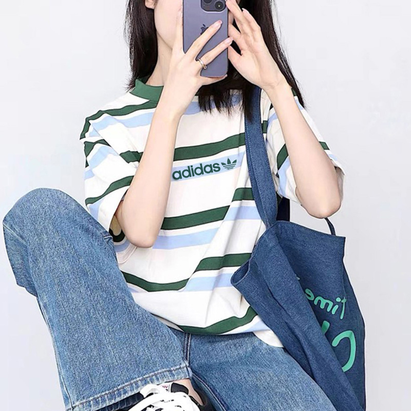 Adidas Striped Regular Shoulder Short-Sleeve T-Shirt for Women, Summer Loose Fit Versatile Youthful Half-Sleeve Top Adidas Striped Regular Shoulder Short-Sleeve T-Shirt for Women, Summer Loose Fit Versatile Youthful Half-Sleeve Top