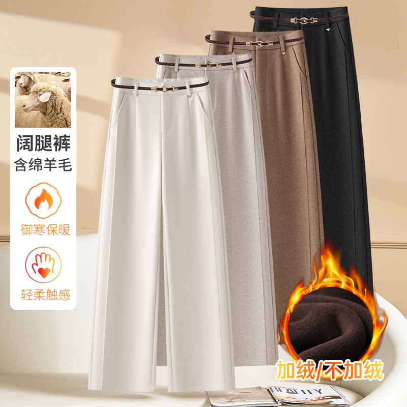 Zhuzhou Hexunsheng Clothing Co., Ltd. Winter Acetate Wool Narrow Wide-Leg Pants for Women with Fleece Lining and Thick Drape Zhuzhou Hexunsheng Clothing Co., Ltd. Winter Acetate Wool Narrow Wide-Leg Pants for Women with Fleece Lining and Thick Drape