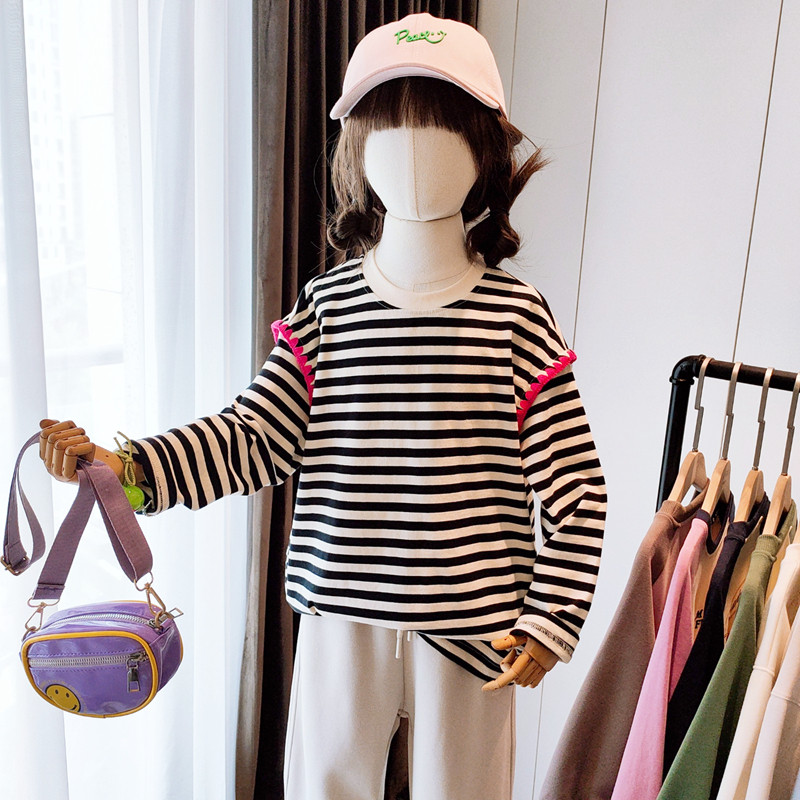 Brand children dress CUHK Tong 2023 Autumn Clothing New Foreign Air Korean Version Banged Wood Ear Side Striped T-shirt Blouse 56683-Taobao
