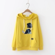 Nhật Bản mùa thu nhỏ cô gái hoạt hình vá áo len dài tay với tai nghe dây rút áo hoodie kangaroo