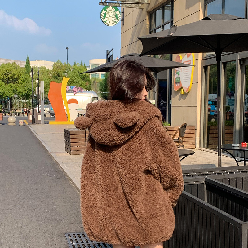 Lamb Wool Bear Ears Pure Wool Young Style Hooded Haining Granular Fleece Coat 2025 New Women's Fur Winter
