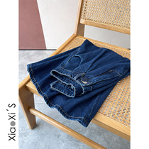 Little Shijia) dark blue large swing a typeface high waist retro high waist commuter denim woman dress with long half body dress