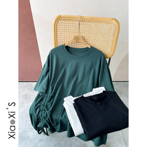 Little Hijibe) 2022 summer draw rope round collar casual commuter short sleeve beat undershirt T-shirt female Korean version 100 lap pure color blouse