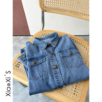 Little Hicks) 2022 Spring blue denim magim 100 lap shirt woman long sleeve foreign air new lining blouse