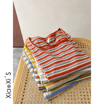 Little Hijia) 2022 Square collar Colour striped Leisure short sleeve Bottom Shirt T-shirt Woman Han Edition 100 lap over blouses