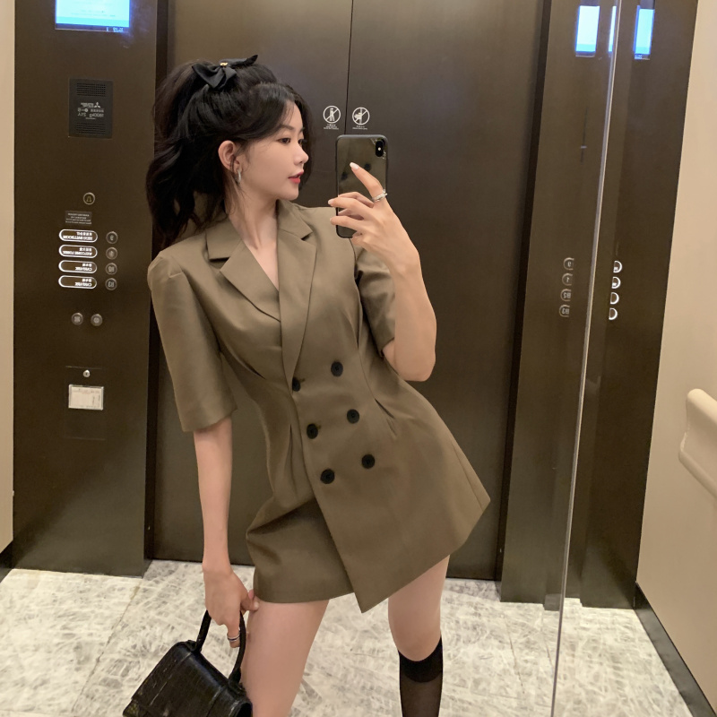 Real price 2021 spring refined air V-neck suit dress women's short sleeve waist slim dress