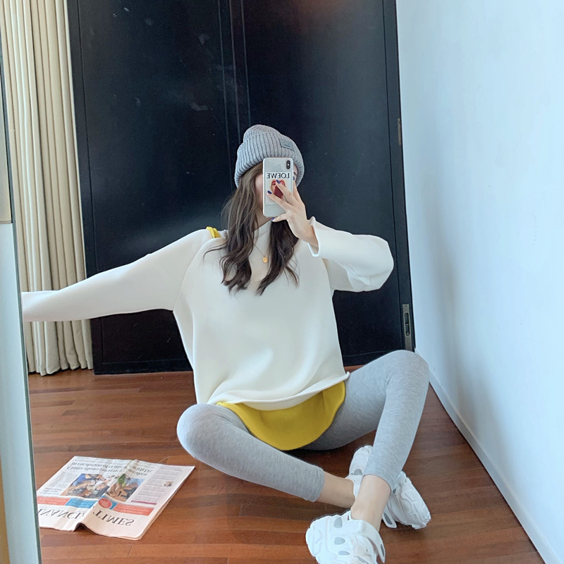 Real price 2020 new round neck versatile loose stitching top medium long fake two piece sweater