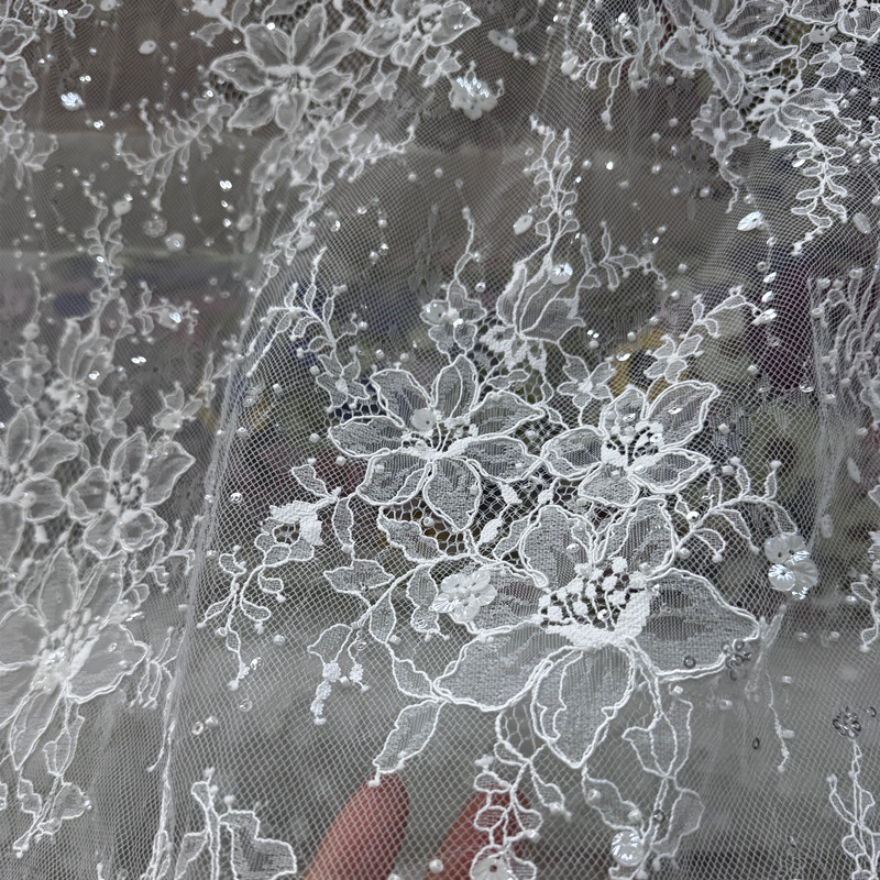 French Floral Sequin Beaded Lace Fabric, Wedding Dress Transparent Mesh Embroidered Lace Fabric French Floral Sequin Beaded Lace Fabric, Wedding Dress Transparent Mesh Embroidered Lace Fabric