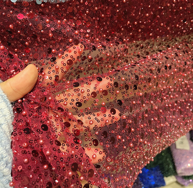 Wine Red, Sapphire Blue, Navy Blue, Gold Embroidery, Pearl Sequins, Loose Beads Fabric, Handmade DIY Fabric, Wedding Dress, Mesh Fabric