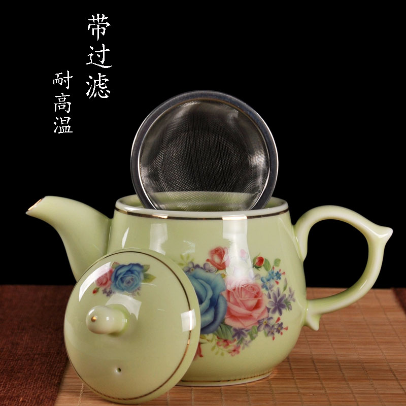 Ceramic Teapot Single Pot resistant to high temperate filter Green flower Porcelain Large Capacity Kung Fu Home Restaurant Chinese Bubble Teapot-Taobao