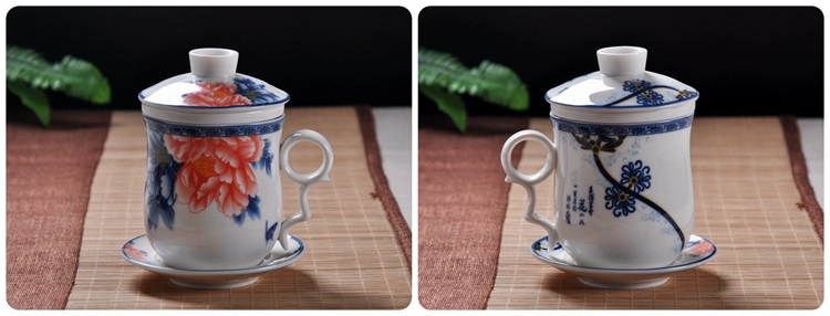 Bộ ấm trà gốm sứ màu xanh và trắng sứ bốn mảnh cốc đơn người nước có nắp lọc bộ lọc văn phòng - Trà sứ