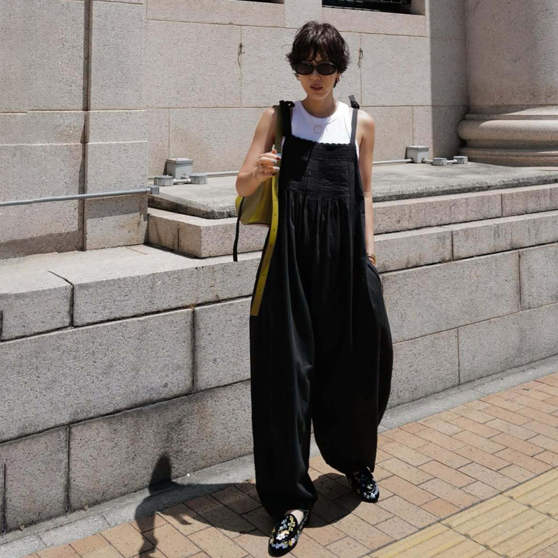 French-Style Relaxed Lace Patchwork Suspender Jumpsuit for Women, Summer High-Waisted Slimming Lazy Wide-Leg Overalls Vacation Pants