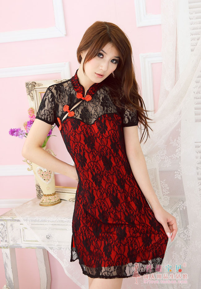 Black Lace Pink Bottom Qipao Women's Sexy Lingerie Retro Qipao Wind Suit Uniform Pretty Adult Supplies