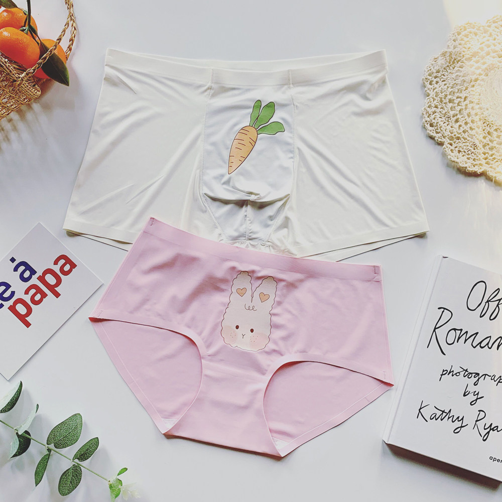 2 pieces Cute couple male and female panties set rabbit eat radish fun mid-waist one piece ice silk markless panties