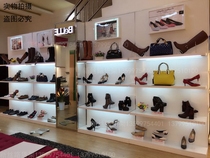 Leather shoes shop display stand childrens shoes against the wall and floor with lights multi-layer wooden shelves womens shoes showcase