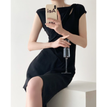  ICTS cool and restrained beauty Summer romance hollow waist heavy industry design sense sleeveless thin black skirt