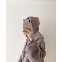 ICTS gray-purple tone furry extended lantern sleeves imitation lamb hair hooded sweater zipper loose short jacket