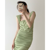 ICTS What is today a princess light bean green small elegant two-wear pleat knit stretch long style dress