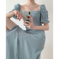 ICTS would like to meet gentle gray blue black French retro court Hepburn bubble sleeve flat dress