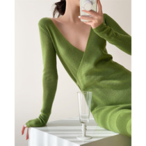  ICTS sun moon and stars outside avocado green front and rear two wear deep V-neck atmosphere long-sleeved knitted dress