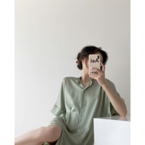  ICTS Simple and beautiful essence Bean green light sense lazy loose body slightly waist shell buckle dress Shirt skirt