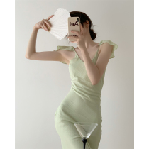  ICTS is like a butterfly resting on the shoulders slightly flashing green fine grid texture detachable butterfly sleeve oblique cut sundress