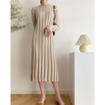 ICTS really if only as ever beige apricot dark gray wide spacing vertical pit strip thin knitted dress