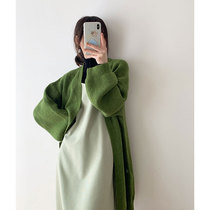 The wind stopped the cloud to know the milk coffee avocado green long knitted cardigan soft waxy sweater jacket