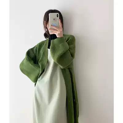 ICTS The wind stopped and the clouds knew that milk coffee avocado green medium and long knitted cardigan soft waxy sweater jacket
