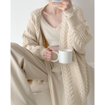 ICTS Paris Old Dream Ivory White Warm Polo Style Retro Great Hemp Flower Rough Knit Long Cardiovert Sweater Coat