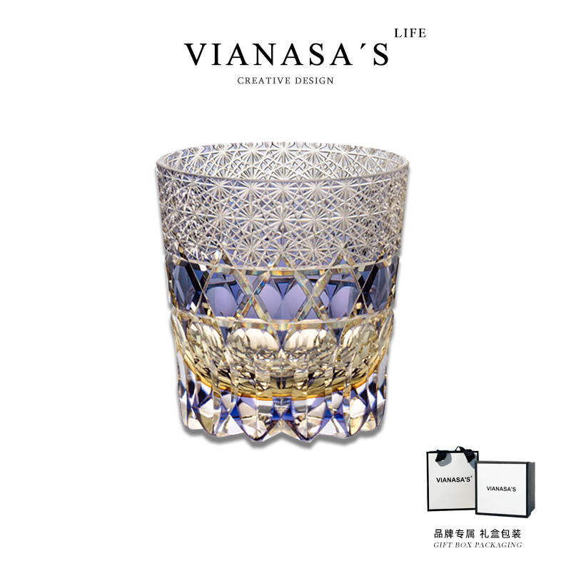 Vianasa's Hand-Carved Glass Cup, European-Style Crystal Glass, Edo Kiriko Fluorite Whiskey and Liquor Glass