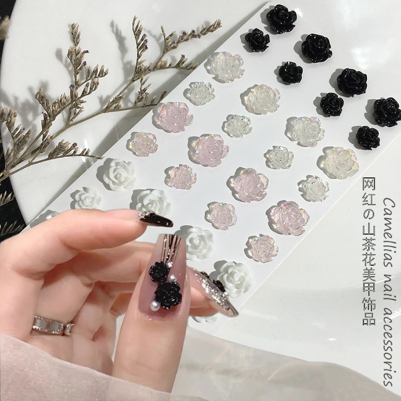 100 Pieces of Nail Art Aurora Camellia White Black Ice Transparent Mixed Three-Dimensional Rose Flower Boxed Mixed Nail Stickers